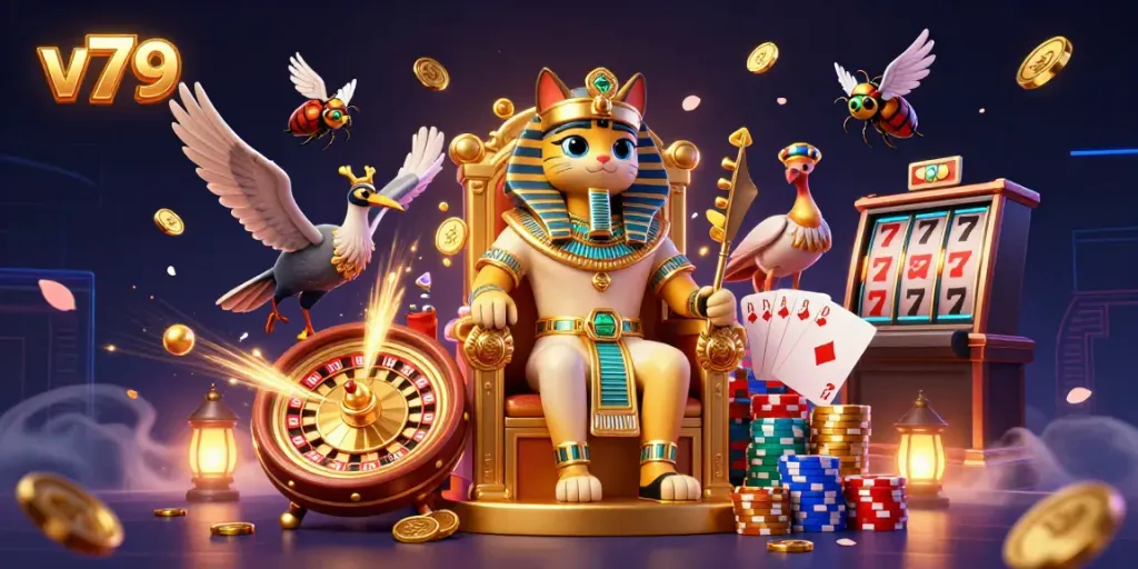 Experience the thrill of V79 casino entertainment with dynamic gaming elements and vibrant characters.