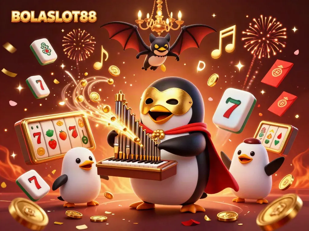 BOLASLOT88 showcases vibrant 3D illustration of a penguin playing a golden coin-shooting organ surrounded by dazzling casino elements.