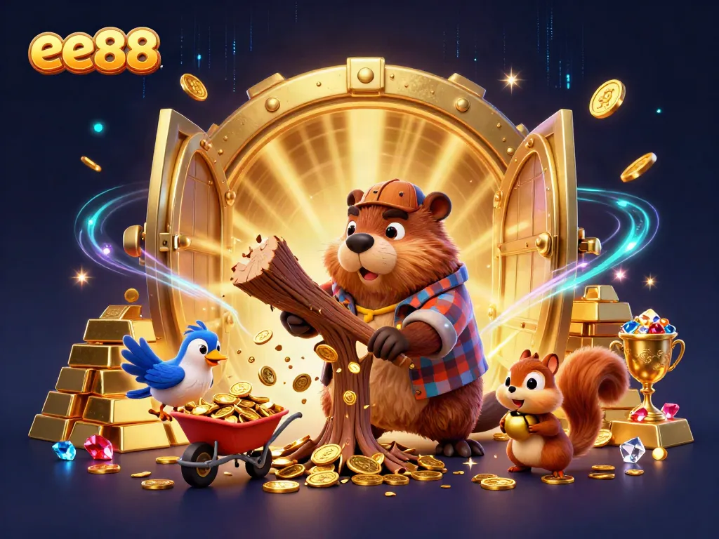 Play and win with ee88 as cartoon characters collect gold in a vibrant casino world.