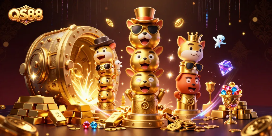 Experience thrilling games at QS88 with a vibrant 3D casino scene showcasing golden riches.