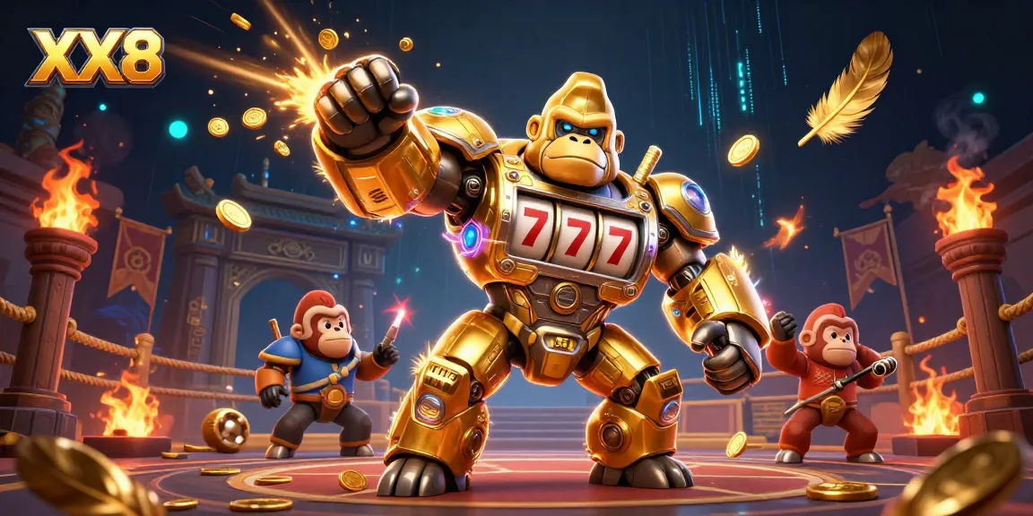 Engage in exciting gaming adventures with the dynamic XX8 action scene featuring a golden gorilla mech.