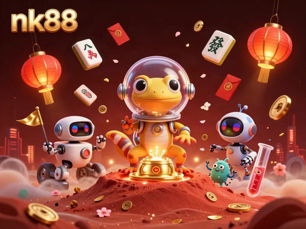 Experience exciting moments at nk88 with a Martian gecko in a golden casino, surrounded by vibrant gaming elements.