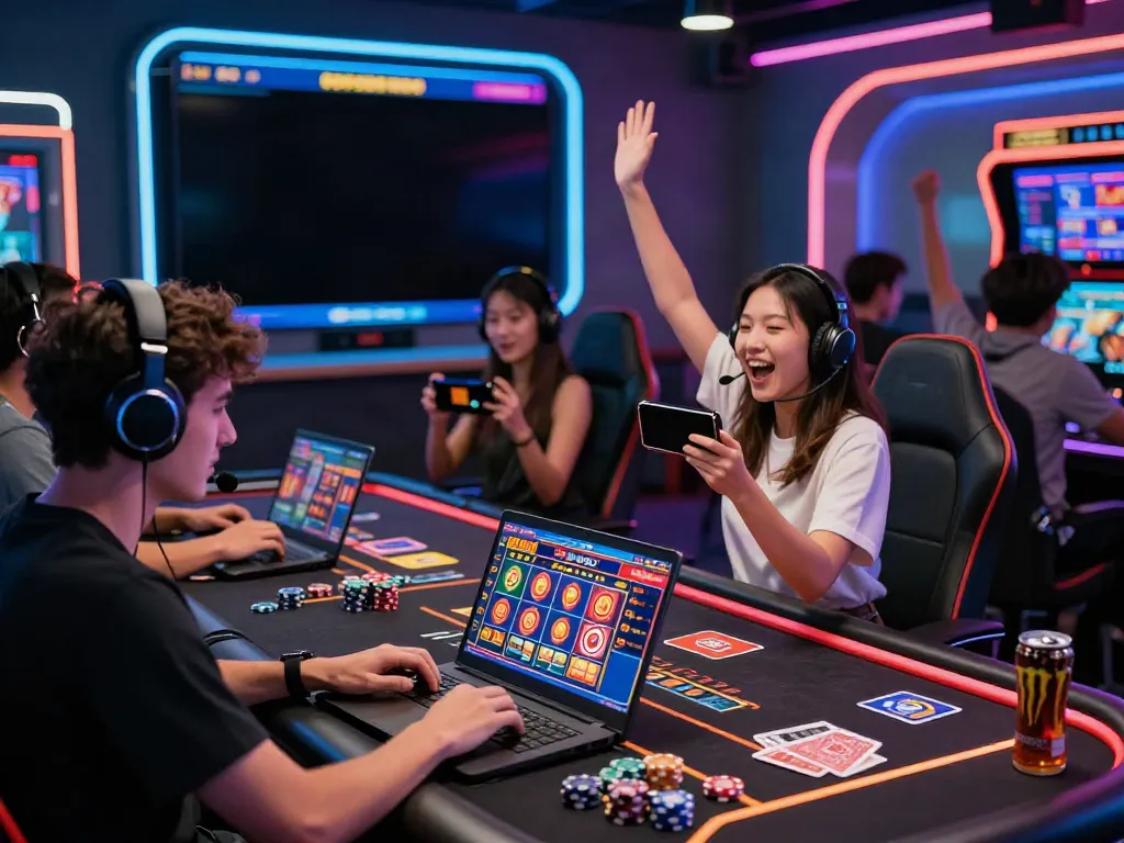 Players in an exciting QQMacan online gaming session celebrating wins and engaging with live casino games.