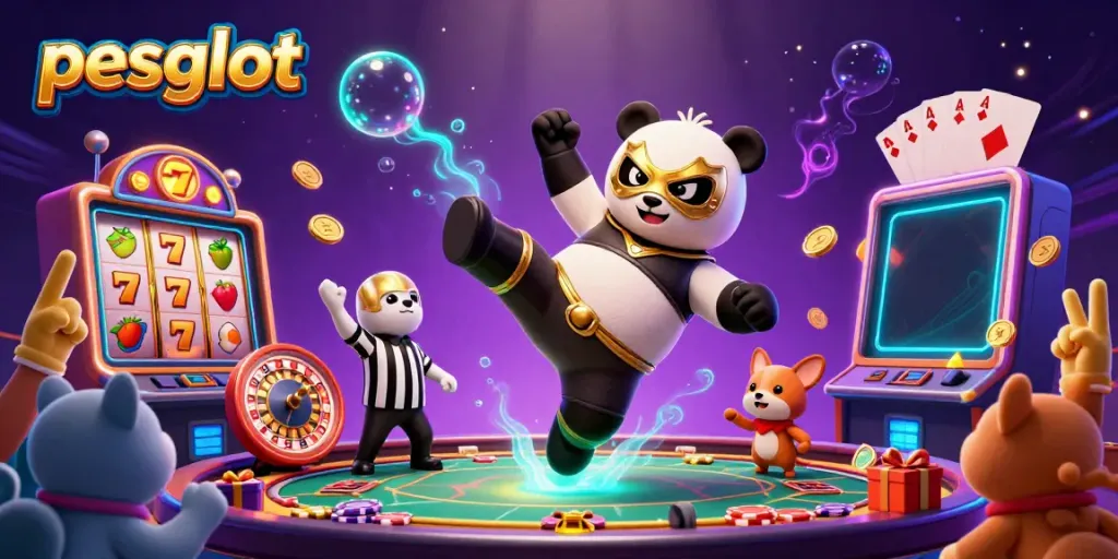 Pesgslot menampilkan panda pegulat profesional terbang dengan aksi dramatis di dalam kasino dengan simbol slot.