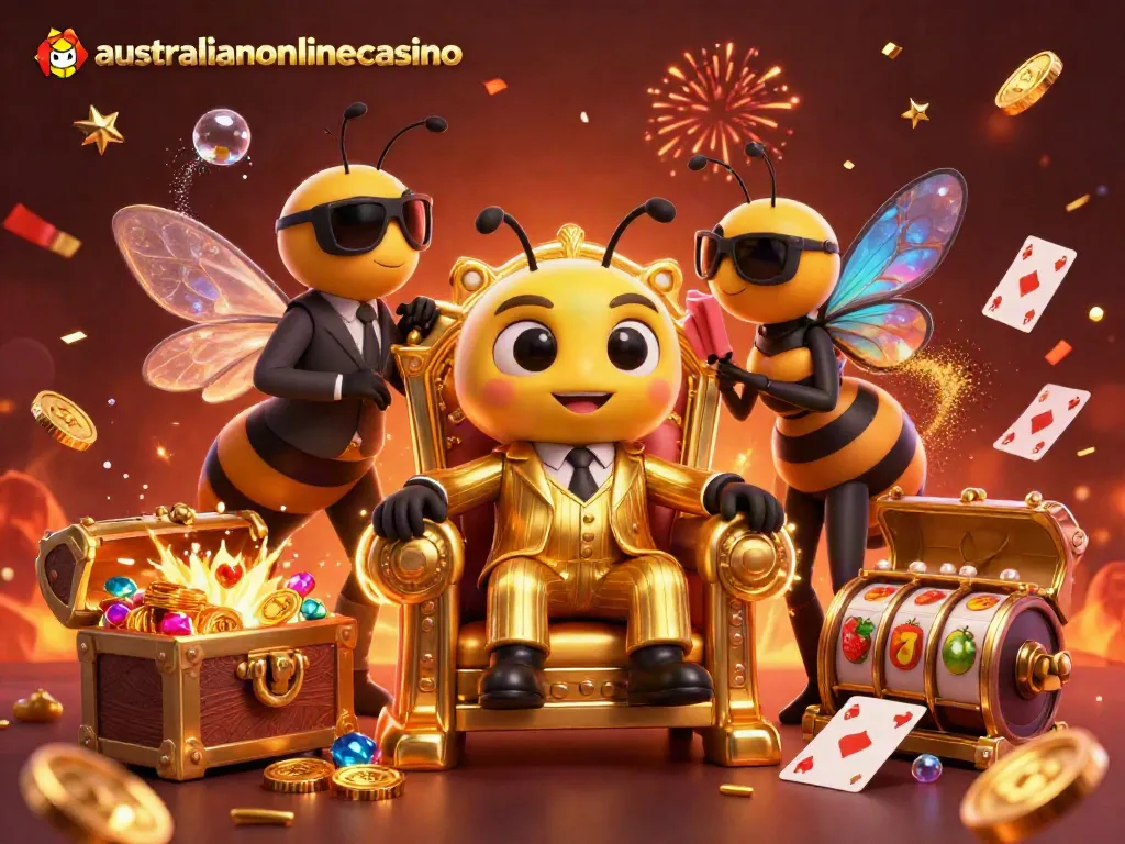 A bustling scene with a bumblebee mob boss and bodyguards amidst casino treasures, showcasing australianonlinecasino's vibrant atmosphere.