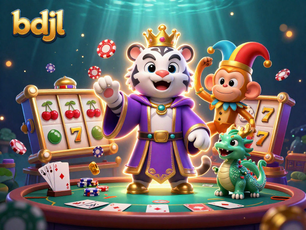 Engage with the vibrant bdjl casino world featuring animated characters, slot machines, and playful monkeys.