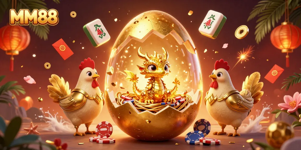 Experience thrilling MM88 gaming with a golden dragon amidst poker chips and festive elements.