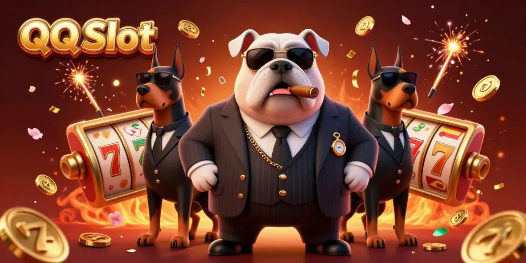 Engage in thrilling gaming with QQ Slot, featuring a mafia bulldog and bodyguards in a vibrant casino scene.