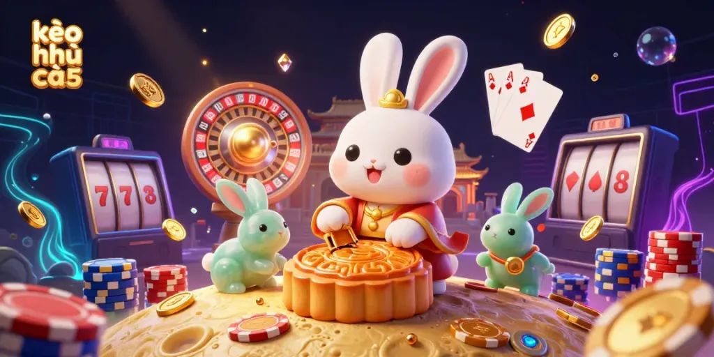 Engage in the thrilling world of kèo nhà cái 5 with a playful moon rabbit cracking mooncakes revealing poker chips, symbolizing luck in gambling.
