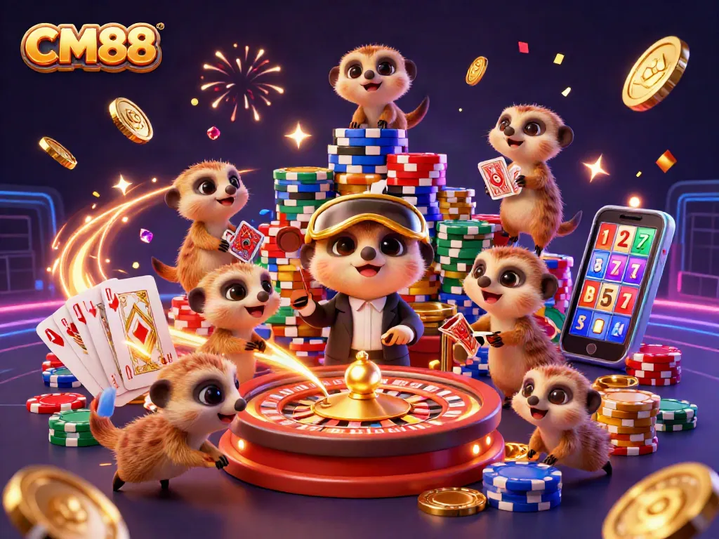 Experience the excitement of CM88's casino with meerkats celebrating amidst golden coins and vibrant poker chips.
