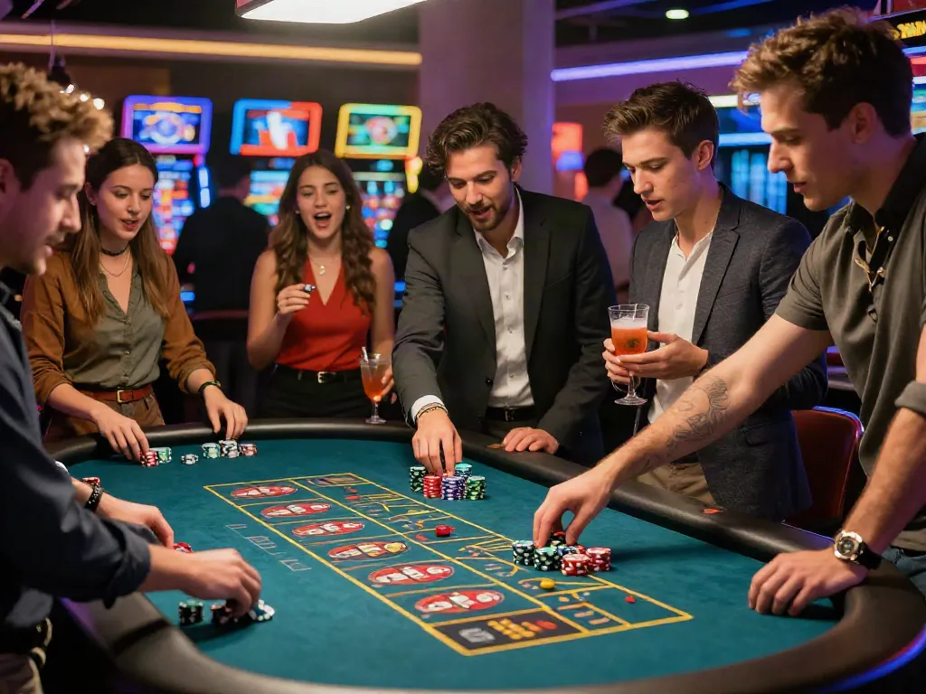 Exciting gambling atmosphere at a casino featuring peh888 roulette table with friends celebrating.