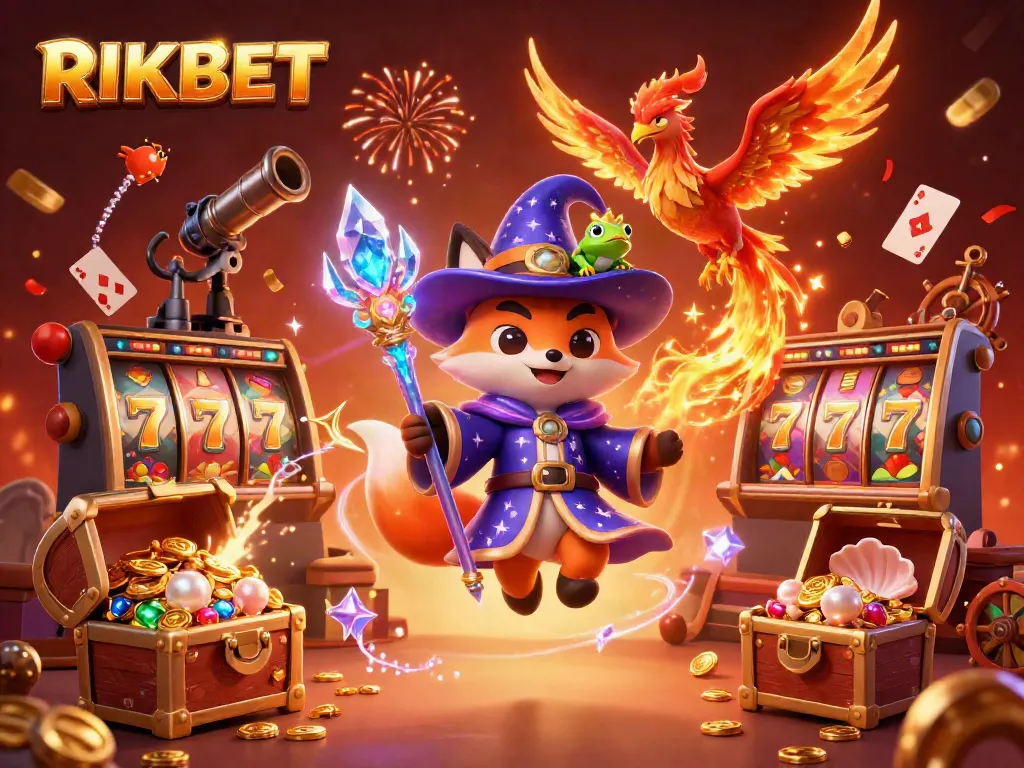 RIKBET casino scene featuring a mystical wizard fox, phoenix, and treasure elements in a magical atmosphere