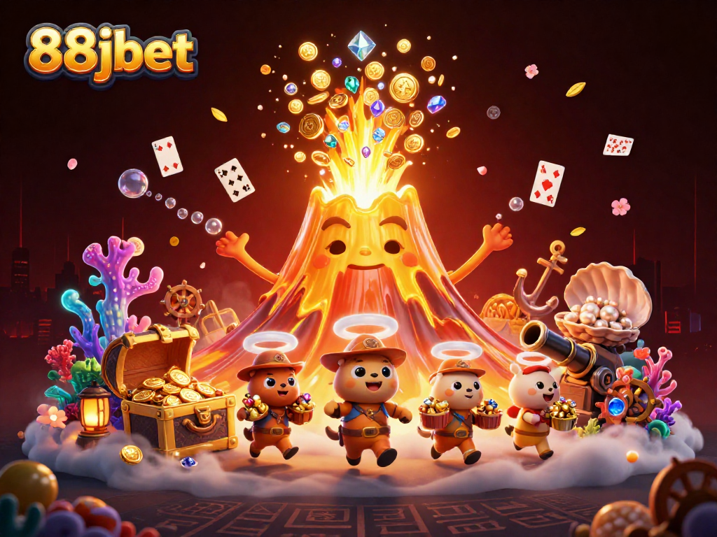 Join the exciting world of 88jbet with vibrant treasures and dynamic gaming elements in this colorful scene.