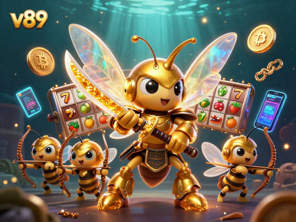 Masuki pengalaman bermain slot yang menyenangkan di v89 dengan ilustrasi 3D berwarna-warni dan simbol keberuntungan.