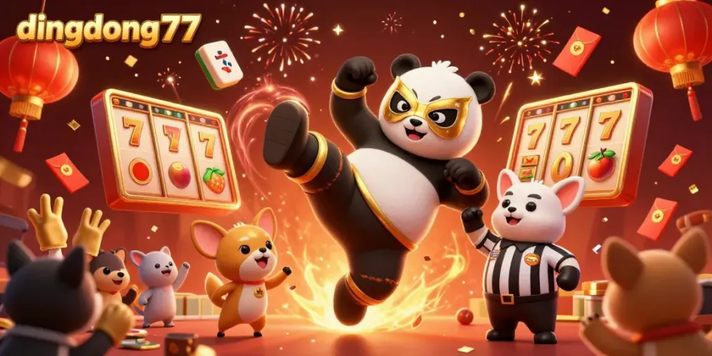Engaged animals celebrate a jackpot moment at dingdong77, with vibrant 3D visuals and festive elements.