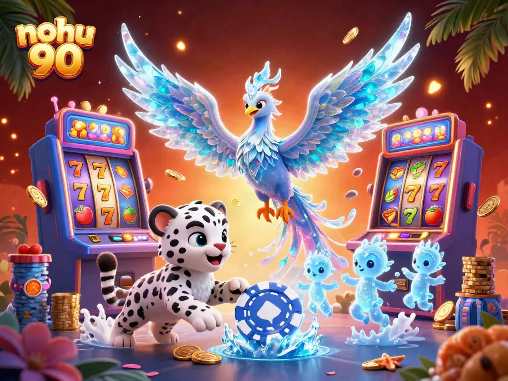 Engaging scene with nohu 90 featuring a vibrant ice phoenix, snow leopard, and lively sprites around a slot machine.
