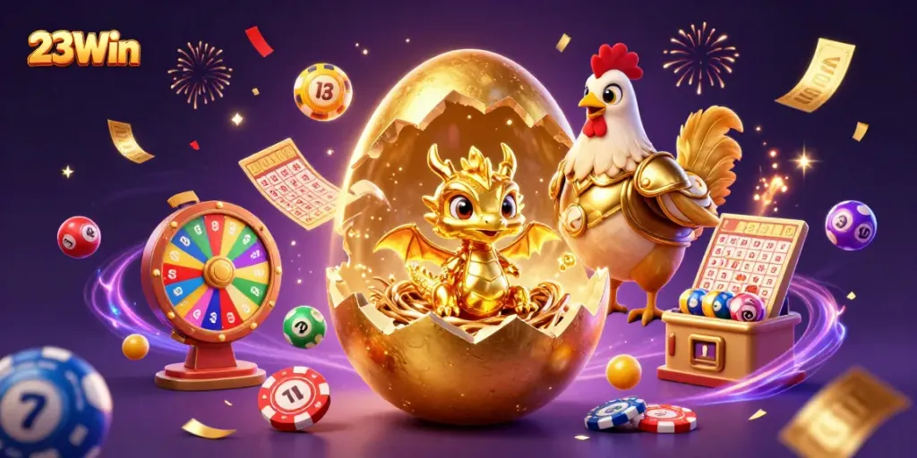 Engage with 23Win's thrilling casino experience featuring golden dragon and poker chips.