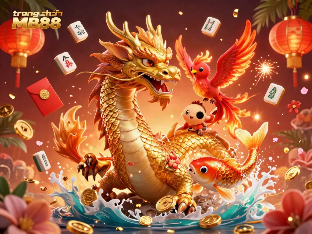 Engage with the vibrant world of trang chủ MB88 featuring a dragon, phoenix, and koi fish amidst festive casino elements.
