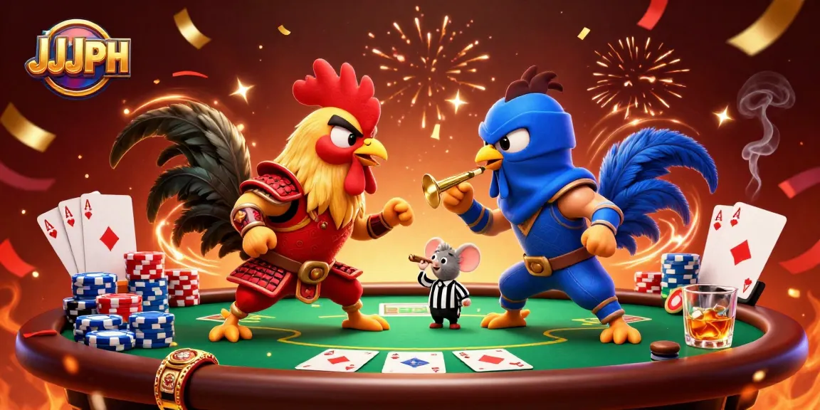 Magandang laban ng dalawang manok sa JJJPH, isang nakasuot ng samurai armor at ang isa sa ninja gear, sa ibabaw ng poker table.