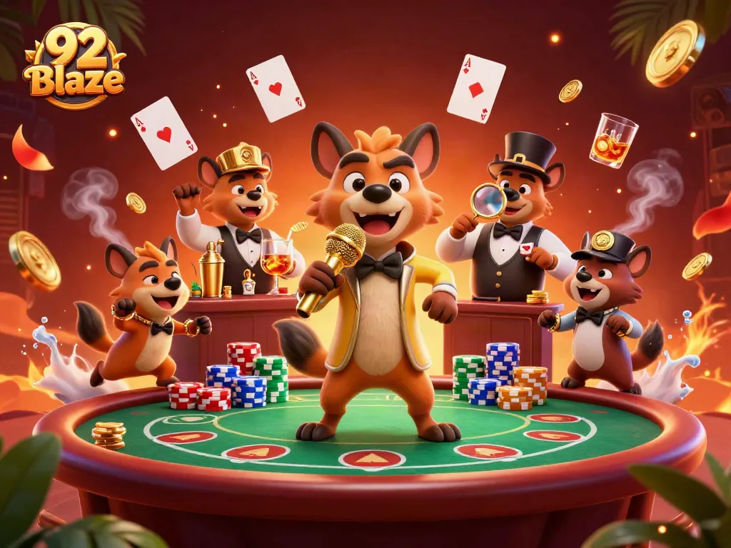 Enjoy the vibrant casino atmosphere at 92 Blaze with animated hyenas in a dynamic gaming scene.