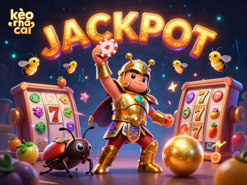 Experience kèo nhà cái in action with a victorious beetle in golden armor lifting a poker chip amid vibrant casino elements.