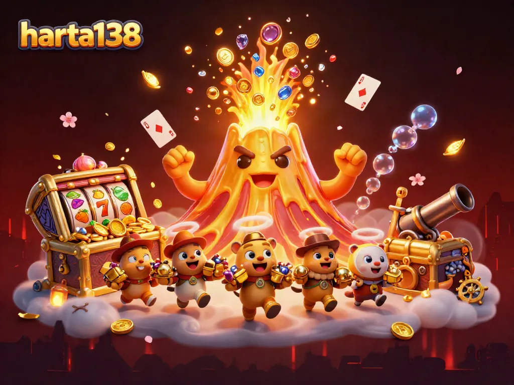 Slot gacor harta138 dengan gunung berapi emas memancarkan koin dan permata, menarik perhatian.