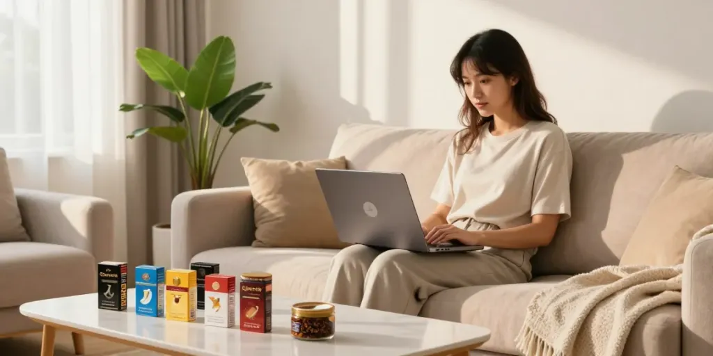 Engaging online shopping for budget cigarette and top smokes Australia in a cozy home setting.
