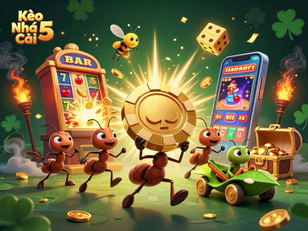 Kèo Nhà Cái 5 showcases a dynamic 3D scene with cartoon ants, casino elements, and vibrant gameplay.