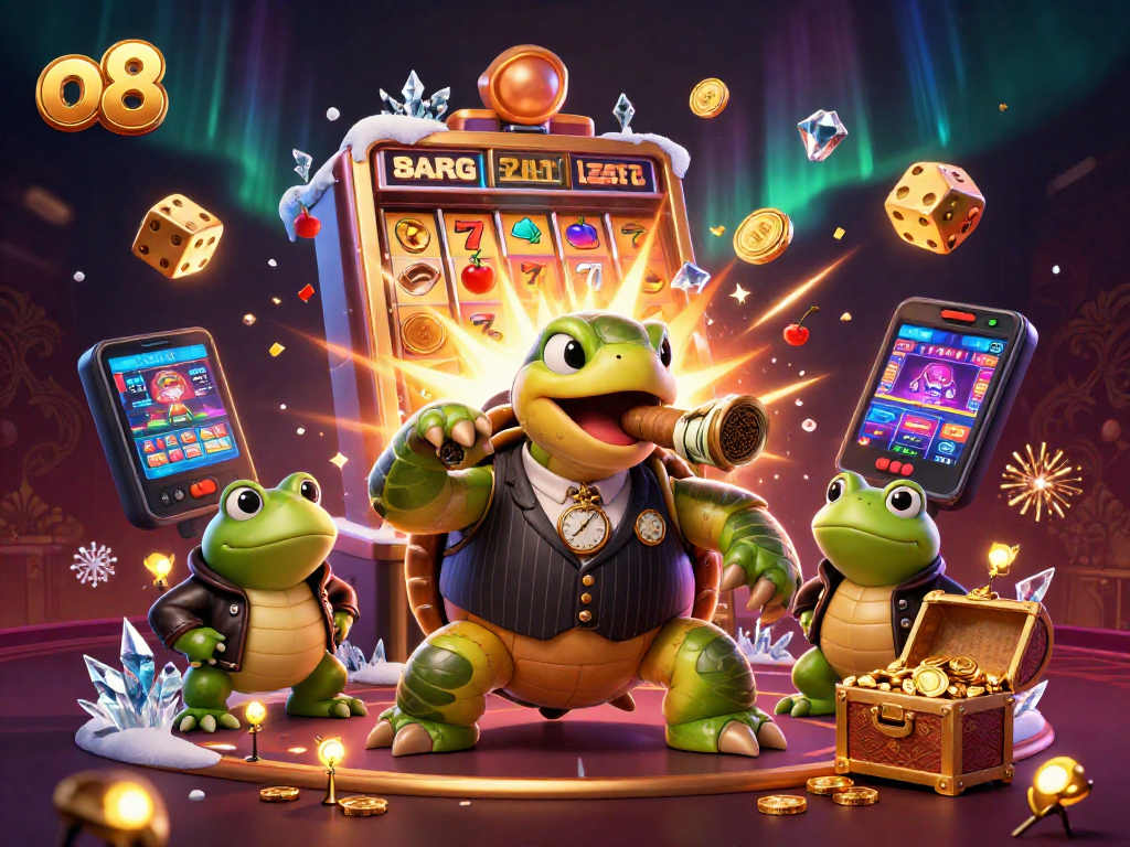 Enjoy a thrilling gaming experience with o8 as the snapping turtle and bullfrog enforcers engage in a vibrant casino scene.