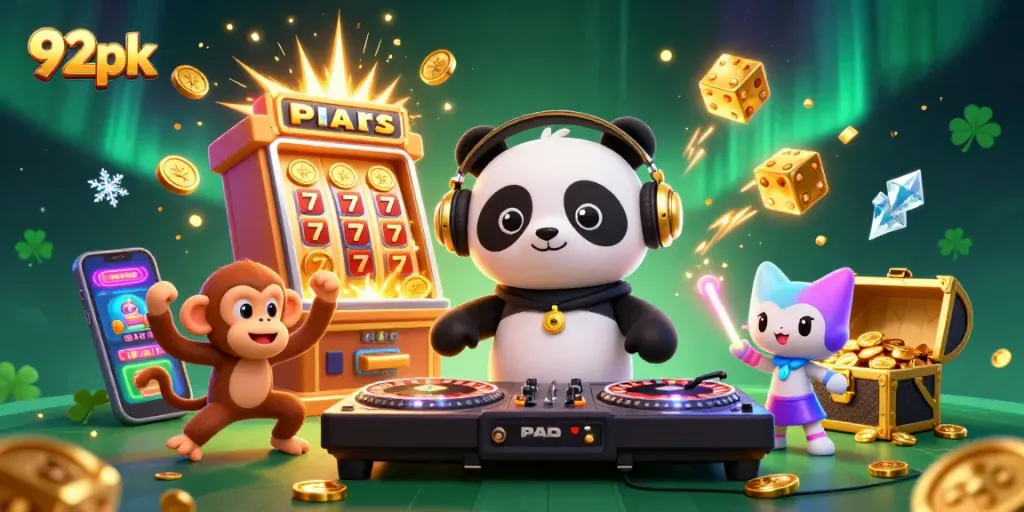 Experience the thrill of winning with 92pk in this vibrant 3D casino illustration featuring engaging characters and games.