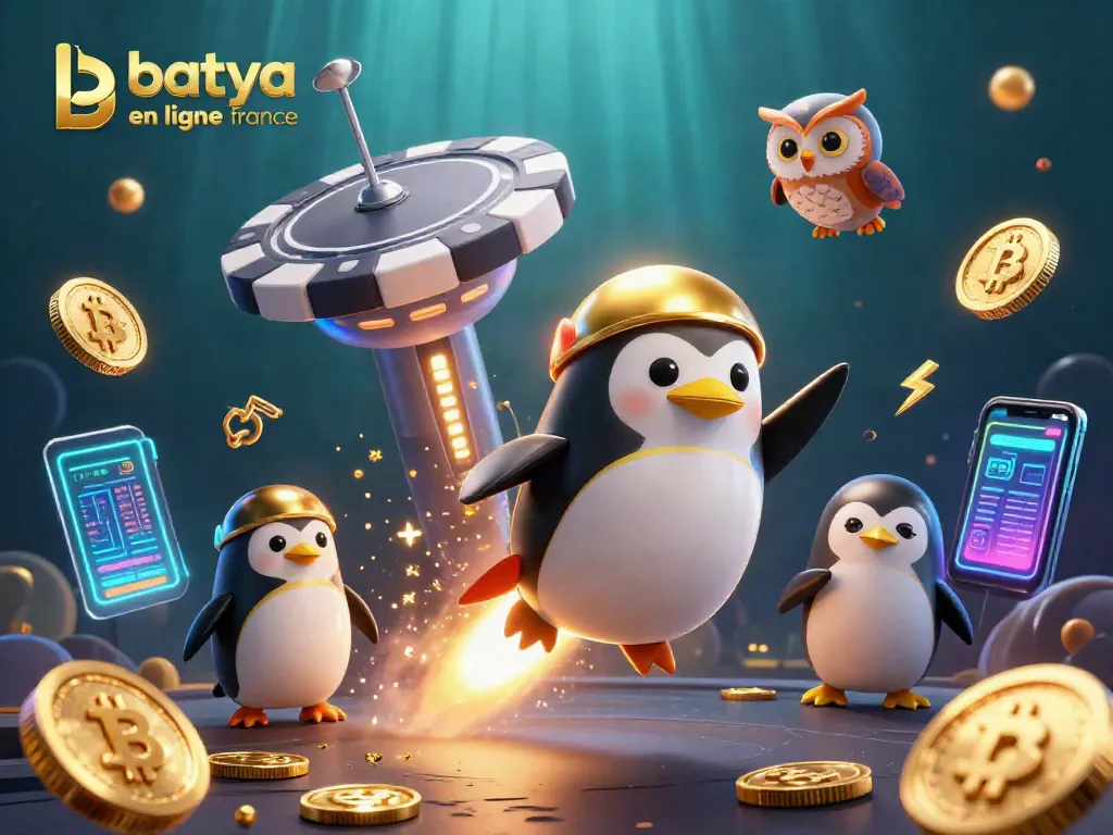 Experience the thrill of betya casino en ligne france with a vibrant scene featuring a golden penguin and crypto coins.