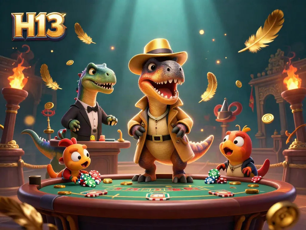 Experience the thrill of H13 casino gaming with cartoon dinosaurs in action at a blackjack table.