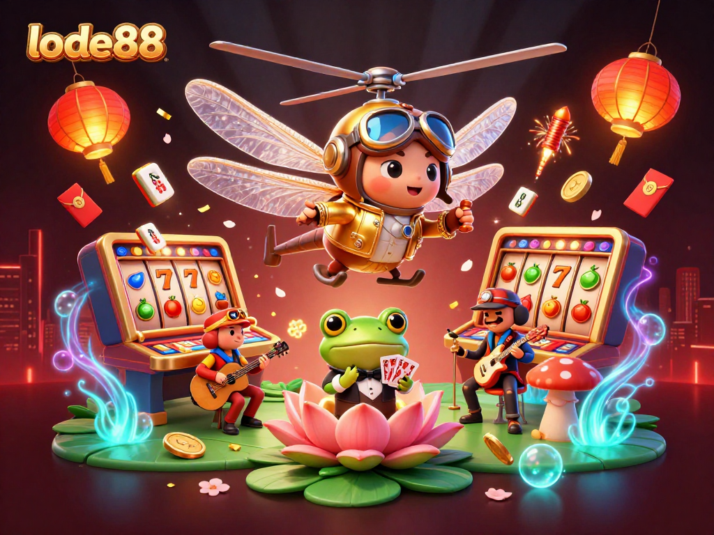 Experience the excitement of lode88 with vibrant 3D casino action featuring dragonfly pilot and frog croupier.