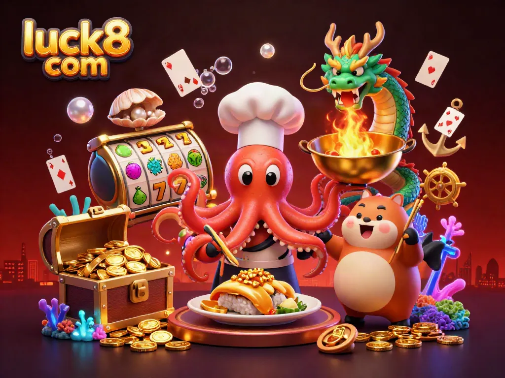 Experience vibrant gameplay at luck8 com with a dynamic casino scene featuring creative characters and elements.