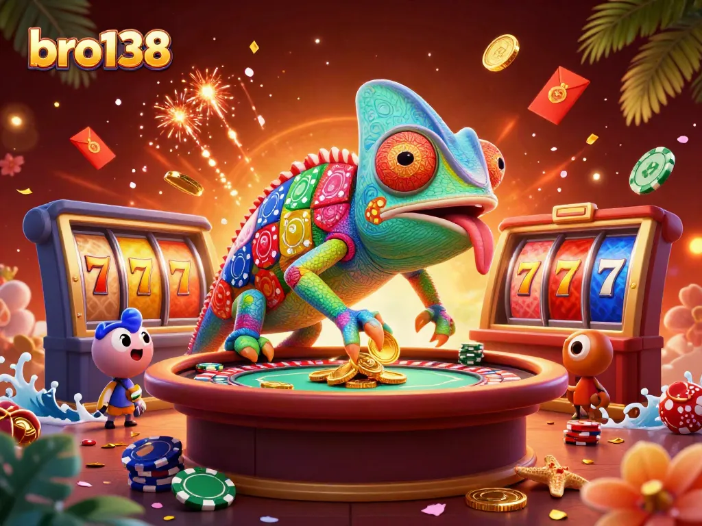 Engage with the vibrant action of bro138's casino scene featuring an animated chameleon and dynamic gaming elements.