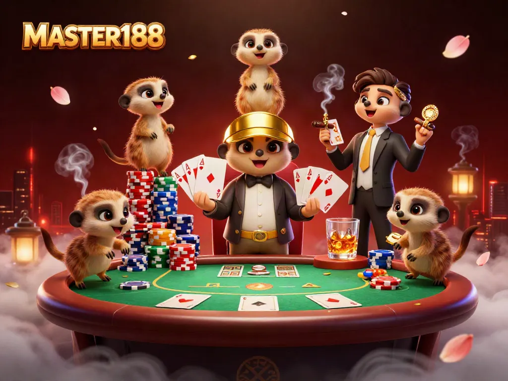 MASTER188 casino scene with meerkats operating poker and gaming elements amidst rich casino decor.