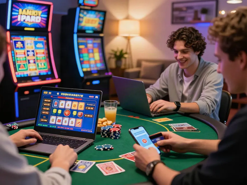 Engaging scene of players enjoying credit card casinos at home, with vibrant gaming screens and relaxed atmosphere.