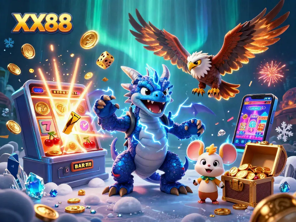 Immerse in the electrifying action of XX88 with vibrant casino elements and dynamic characters.