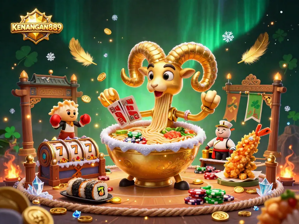 Play in KENANGAN889's vibrant casino scene featuring a giant ramen bowl dealer, gold coins, and slot reels.