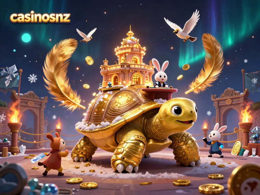 Experience the thrill of casinosnz with a vibrant 3D illustration of a golden tortoise casino and characters.