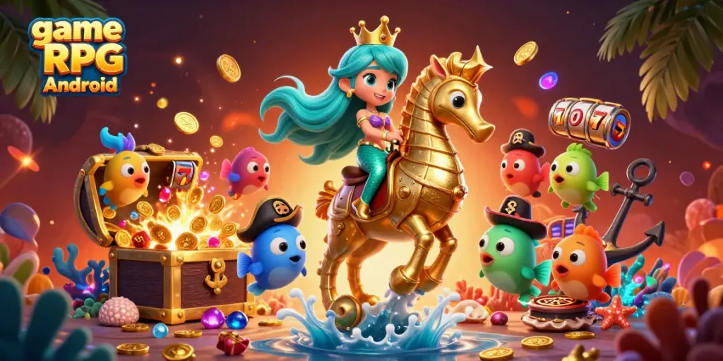 Permainan RPG Android dengan putri duyung dan kuda laut, simbol kasino mengelilinginya