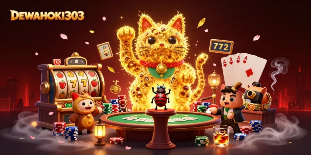 DEWAHOKI303 merayakan kemenangan dengan simbol slot keberuntungan di ilustrasi kasino 3D.