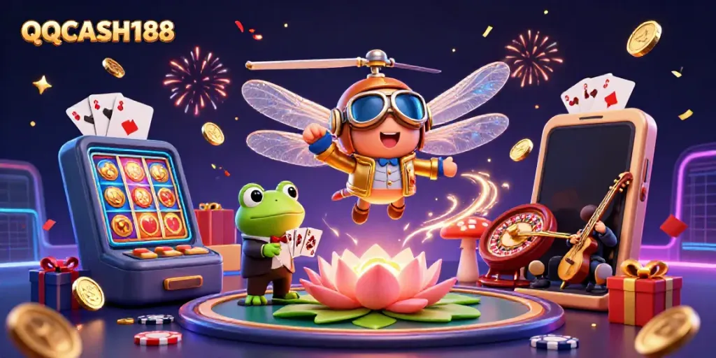 Experience vibrant action at QQCASH188 with a dragonfly pilot and frog croupier in a lively casino scene.