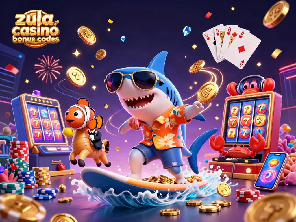 Experience fun with zula casino bonus codes through a vibrant 3D scene filled with playful characters and animated slot elements.