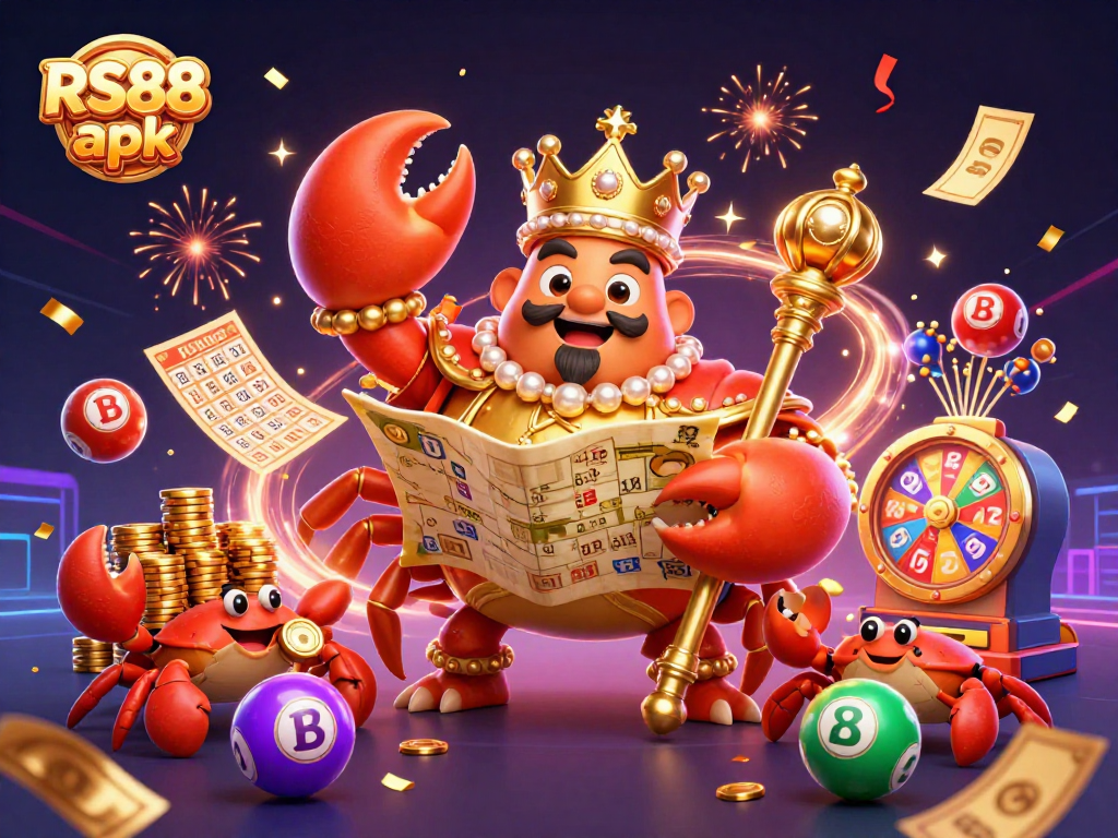 Engage in thrilling gameplay with RS88 apk featuring a vibrant 3D illustration of a golden crab emperor amid lottery elements.