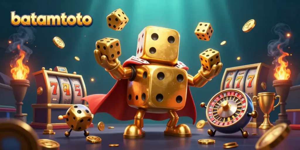 Experience lively gameplay with batamtoto's golden dice golem and casino elements illuminating the scene.