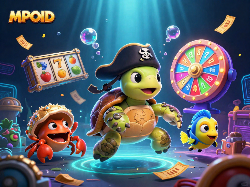 MPOID showcases a vibrant digital illustration of a pirate turtle, crab, and fish amidst lively slot elements, engaging gamblers.