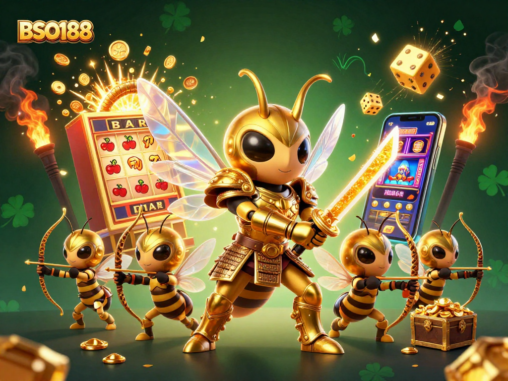 Experience the thrill of BSO188 with a dazzling 3D casino scene featuring samurai hornets and slot machines.
