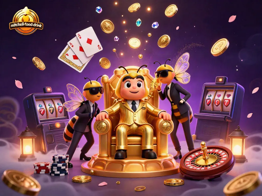Bet big with mitchell-food-drink while spinning the roulette wheel amidst cascading coins and sparkling gems!