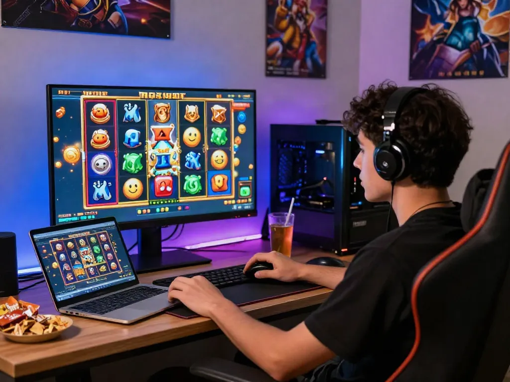 Player enjoying slot maxwin game with vibrant graphics on screen and cozy gaming setup.
